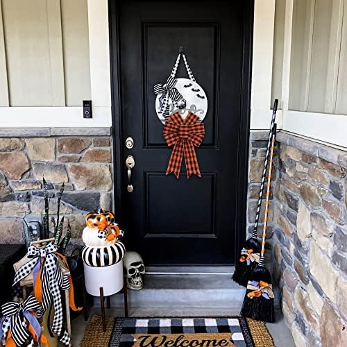 Heureppy 2pcs Halloween Wreath Bows Decor Bow Orange Buffalo Plaid Burlap for Wreaths, Tree Topper Home Decoration Ornament Supplies