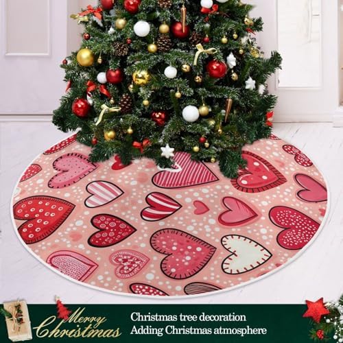 Pfrewn Valentine Tree Skirt 36" Sweet Red Patch Hearts Christmas Tree Skirts Mother's Day Xmas Mat for Holiday Festival Party Wedding Decor