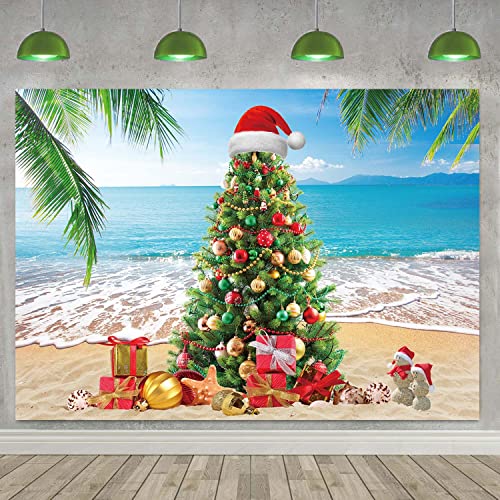 July Christmas Backdrop Banner Summer Christmas Tree Photography Background Tropical Beach Xmas Palm Leaves Blue Sky Ocean Family Holiday Party Photo Backdrop (7X5FT(82x59inch)) - size: 7X5FT(82x59inch)