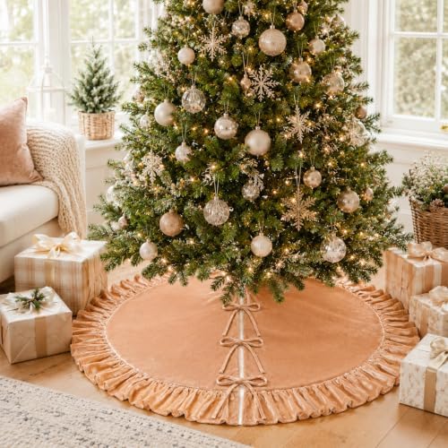 Christmas Tree Skirt,Velvet Tree Skirt with Ruffled Edge, Classic Large Velvet Fur Plush Tree Skirt for Merry Christmas(Khaki,36Inch)