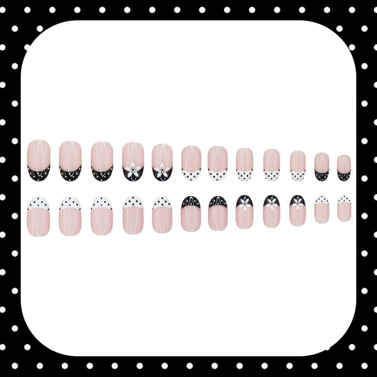 French Tip Press on Nails Short Oval Fake Nails Polka Dot Nails Press ons with Flower Design Artificial Acrylic Nails Reusable Full Cover Glue on Nails for Women Manicure 24Pcs