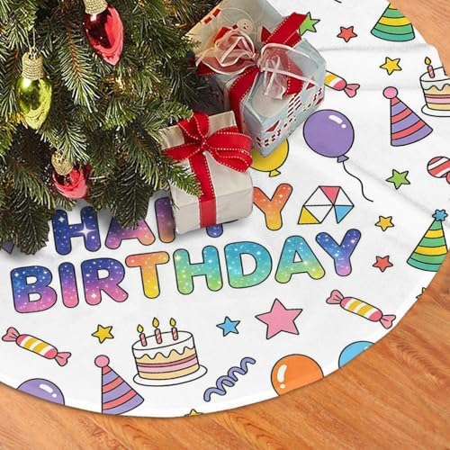 Happy Birthday Christmas Tree Skirts 30", Colorful Cake Balloon Xmas Tree Cloth Mats Trees Skirts for Decor Gift, Home Decoration
