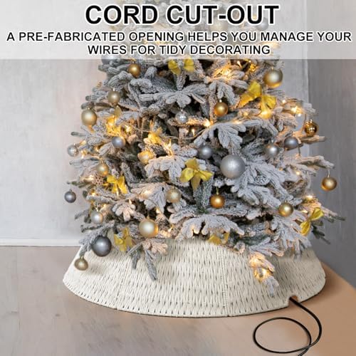 Preboun 40" Boho Farmhouse White Woven Christmas Tree Skirt - Rustic Base Cover for Christmas Tree Decoration