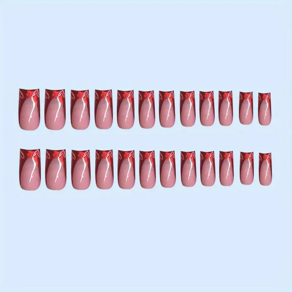 48Pcs Medium Square Press on Nails Short Square Press on Toenails Red French Tips Stick on Nails with Heart Design Chrome Glossy Full Cover Fake Nails Cute Summer False Toenails Kit for Women Manicure