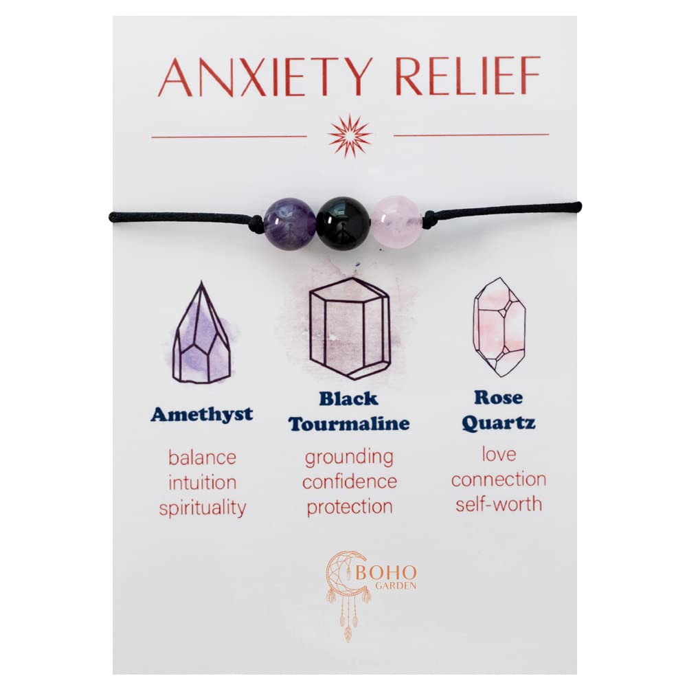 BOHO GARDEN Healing Crystal Bracelet for Anxiety - 3 Real Natural Gem Stones - Adjustable, Beaded Bracelets for Men, Women, Teens - 8mm Bead