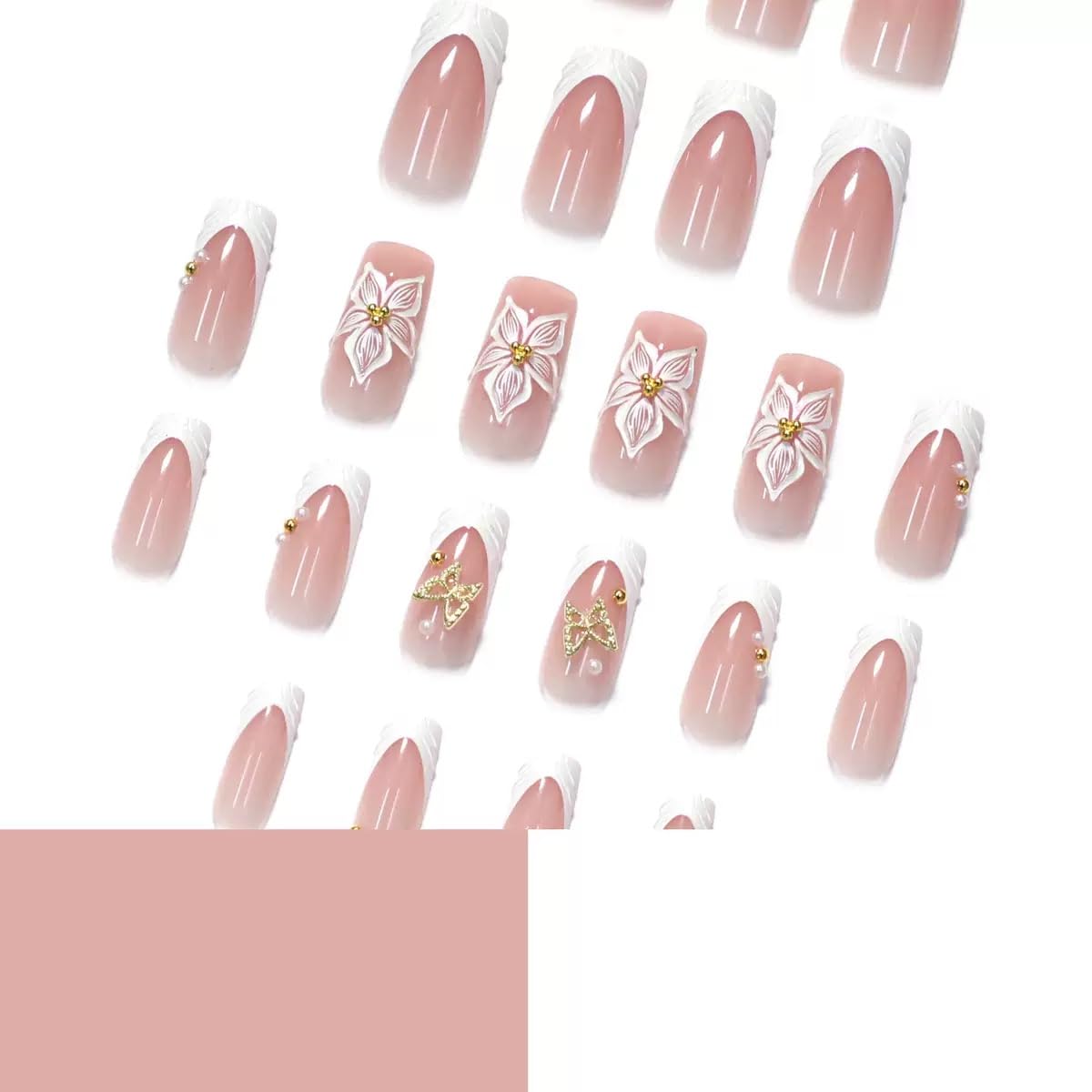 CTTHNBD Press on Nails Square - White French Tip Fake Nails with Flower Butterfly Design - Medium Long False Nails - for Women 24 Pcs