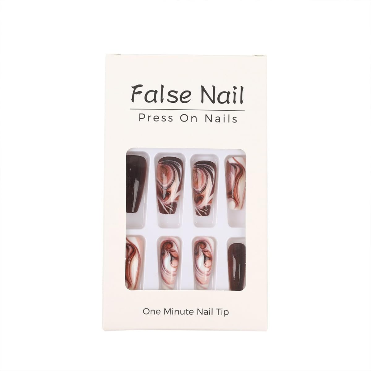 Brown Marble Press On Nails Medium Length Fake Nails Coffin Shaped Glue On Nails With Coffee Designs Glossy Acrylic Artificial Nail Reusable False Nails For Women Girls 24pcs