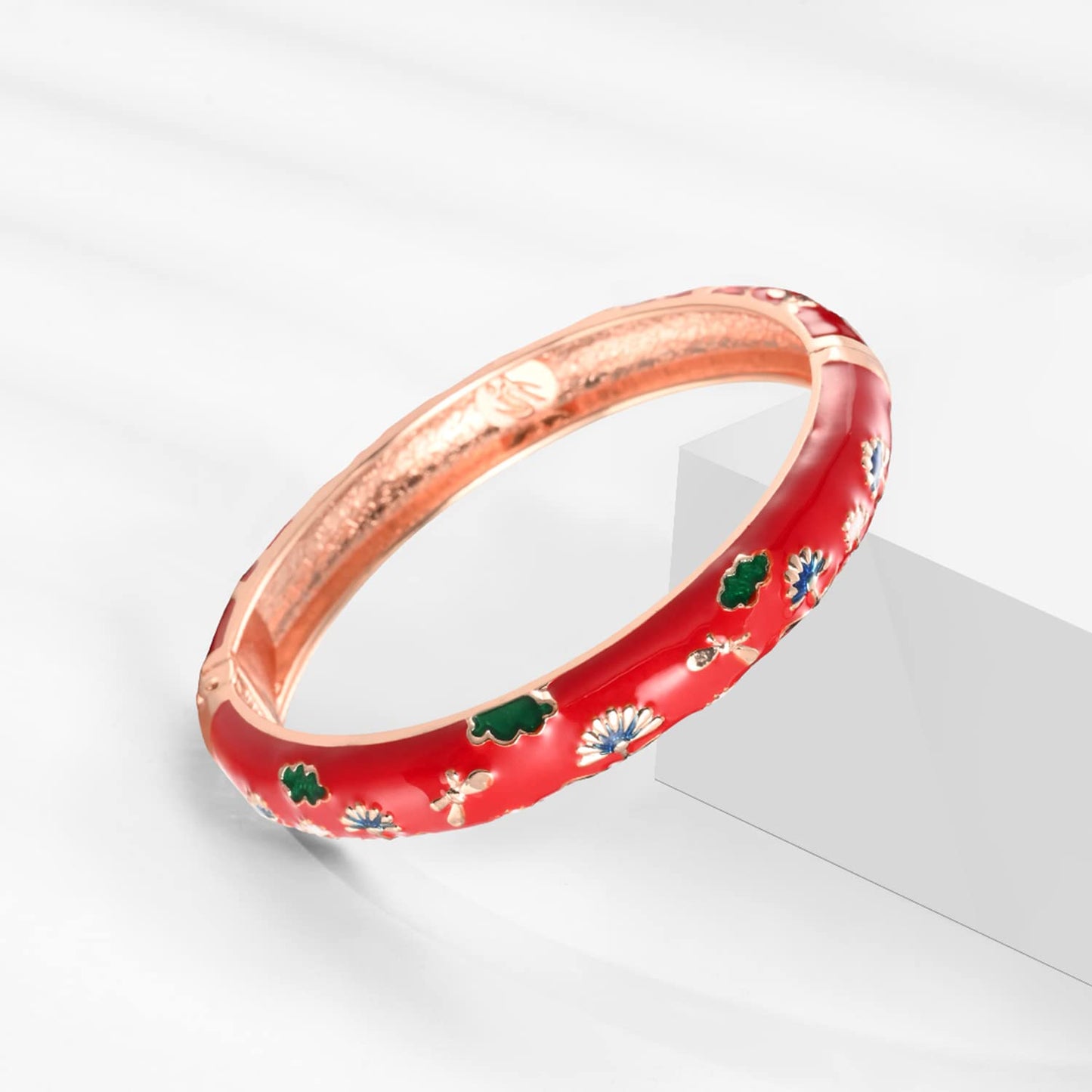 UJOY Gorgeous Bracelets Enameled Floral Cloisonne Gift Plated Cuff Bangles Jewelry Sets Box for Women 55A81-55A120 Blue red