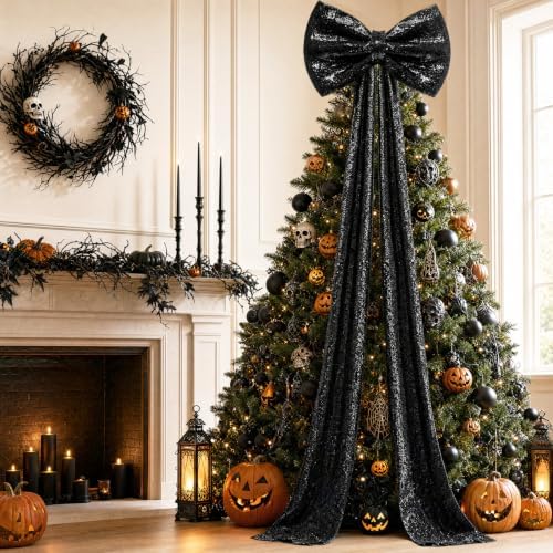 Halloween Giant Bow Decor Black Christmas Tree Topper Decor Sequin Big Bows with Long Ribbon 75 x 23 Inch Large Sparkly Bow for Halloween Front Door Wreath Party Backdrop Christmas Tree Topper Decor
