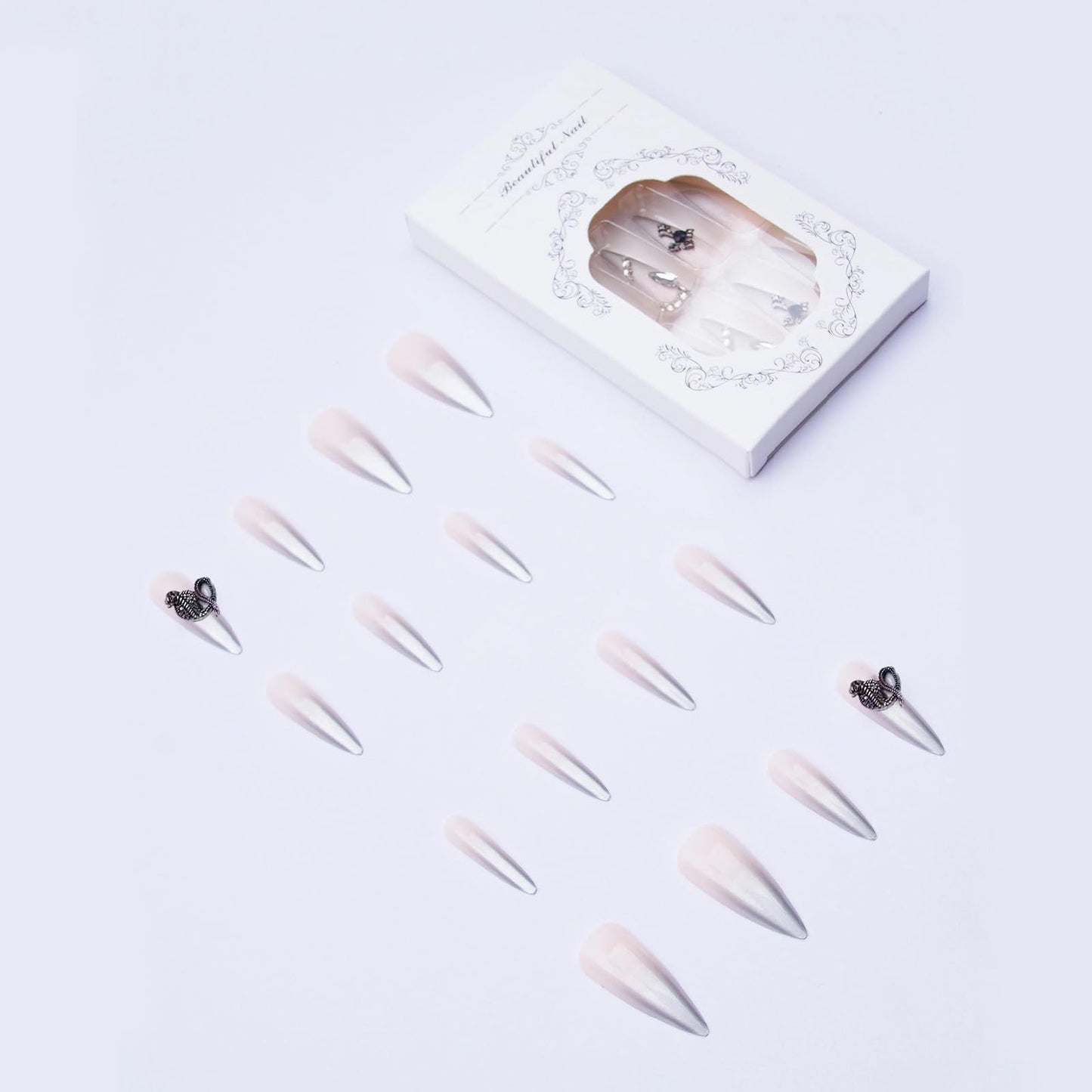 MISUD Press on Nails - Long Stiletto Fake Nails with Silver Chrome, Acrylic Goth Y2K Charms Design 24 pcs