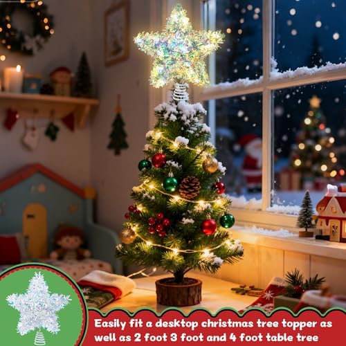 Christmas Tree Topper Star Sparkly Tinsel Star for Christmas Tree Decoration 6 Inch Iridescent Holiday Treetop Stars for Small Tabletop Tree Battery Operated Fairy Light Tinsel Topper for Xmas Tree