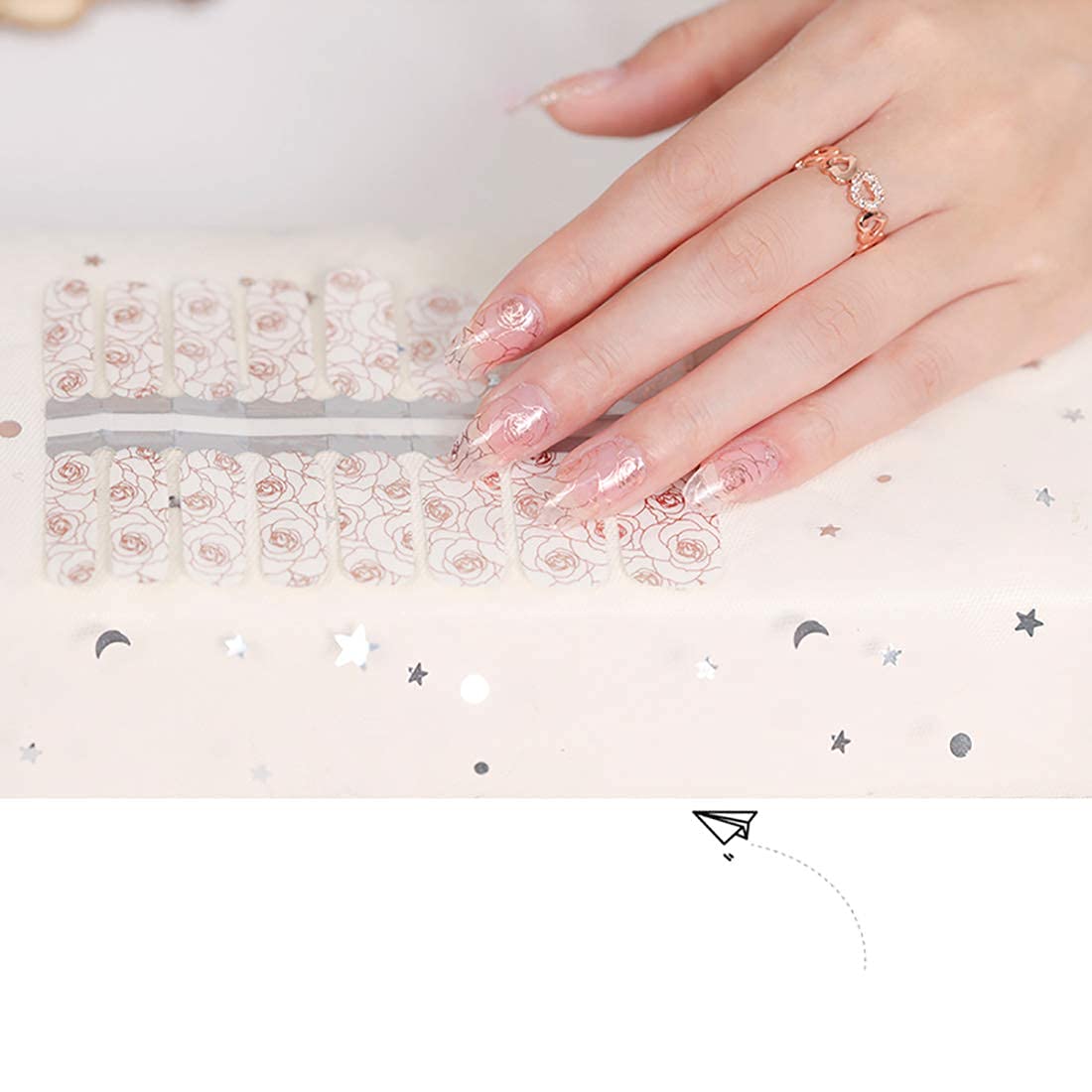 SILPECWEE 5 Sheets Rose Gold Full Nail Wraps Stick on Nail Polish Strips Stickers Tips Glitter Flower Manicure Design Adhesive Gel Nail Strips for Women with 1Pc File