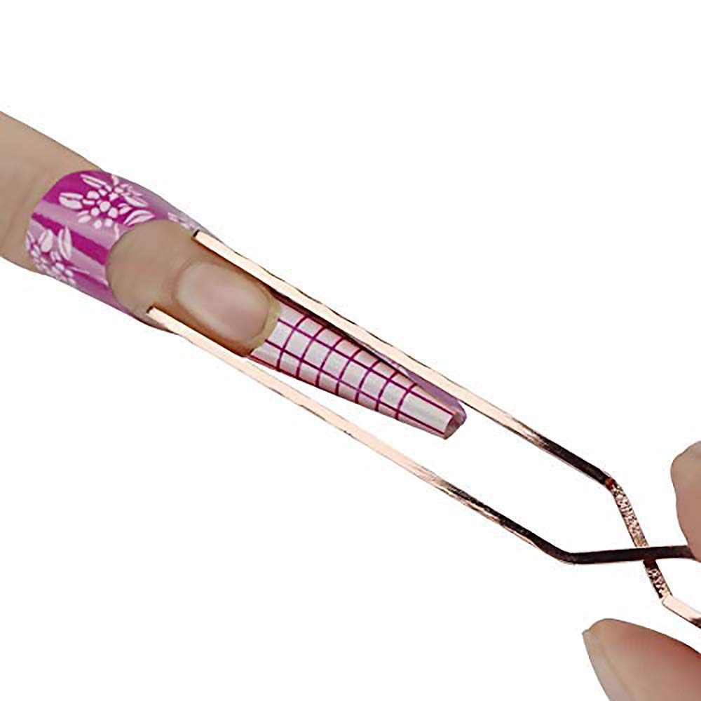 SILPECWEE 2Pcs Nail Pinching Tool C Curve Nail Extension Clips Metal Cuticle Pusher Nail Scraper Gel Nail Polish Remover False Nails Shaping Tweezers Multi-Function Manicure Tools (Rose Gold)