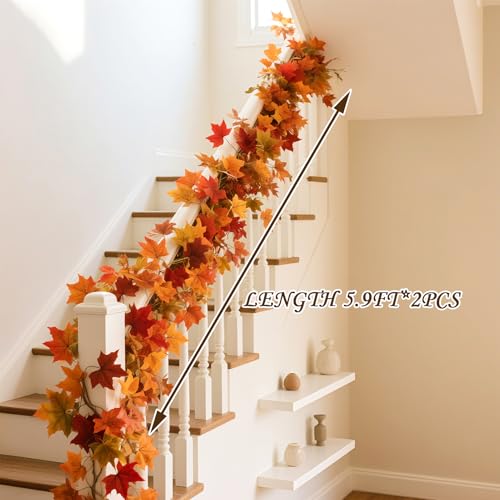Fall Decor - 2 Pack Fall Garland Maple Leaf - Total 11.8FT Autumn Vine for Fall Home Decor-Thanksgiving, Halloween,Fireplace, Wedding, Christmas Party Hanging Foliage