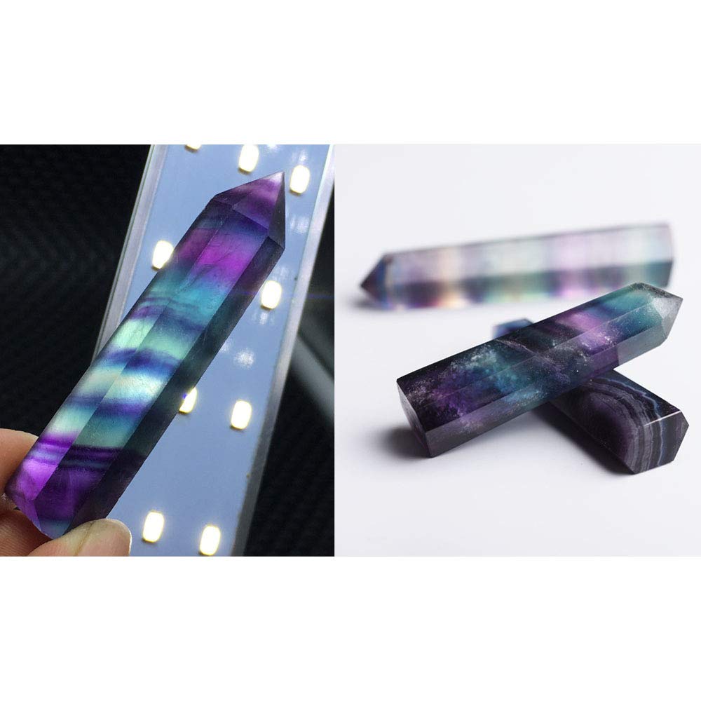 Comidox 2Pcs Natural Rainbow Fluorite Quartz Crystal Hexagonal Wand Healing Crystal Stone Purple Green Gem for Feng Shui Decor Home Office Decor