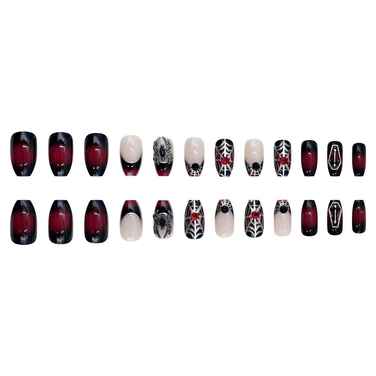 Spider Halloween Press on Nails Medium Coffin Fake Nails Goth Nails Press ons for Women Halloween ManicureReusable Artificial Nail Full Cover Glossy Glue on Nail Stick on Nails 24 Pcs