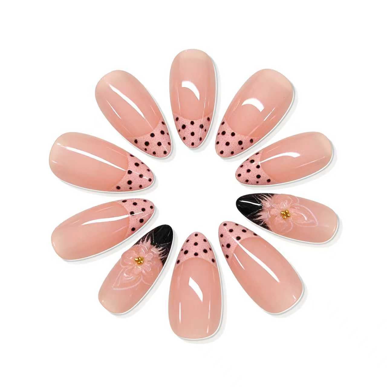 Polka Dot French Tip Press on Nails Medium Almond Fake Nails with 3D Flower Nails Press ons,Glossy Full Cover Glue on Nails Pink Spring Reusable Soft Nails for Women Girls 24Pcs
