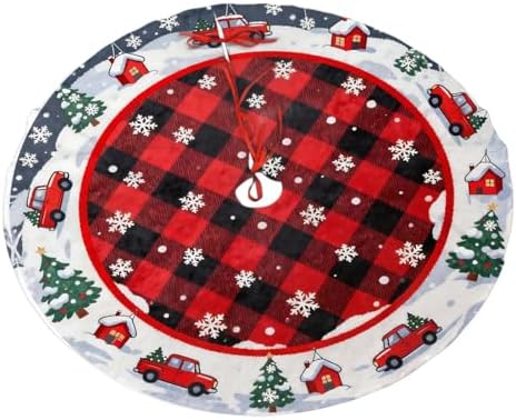 Snowflakes Car Farmhouse Buffalo Plaid Christmas Tree Skirts 48", Xmas Tree Cloth Mats Trees Skirts for Decor Gift, Home Decoration