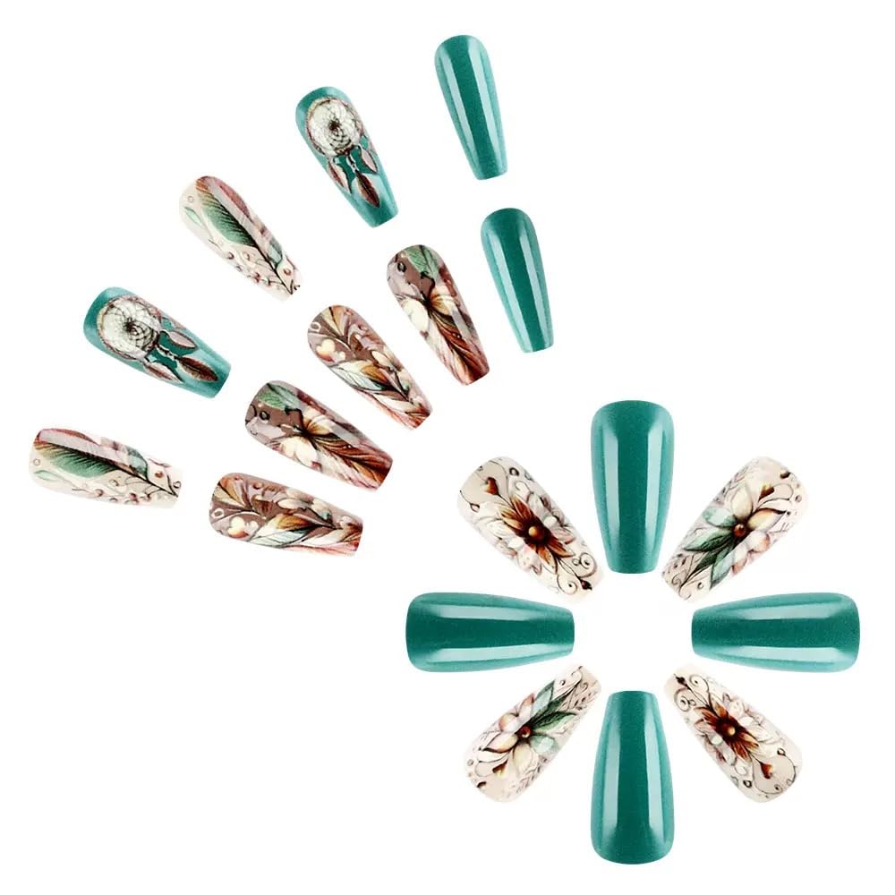 Medium Press on Nails Coffin Fake Nails with Flower Butterfly Design Glue on Nails Green False Nails Full Cover Stick on Nails Spring Acrylic Nails Elegant Artificial Nails for Women 24Pcs