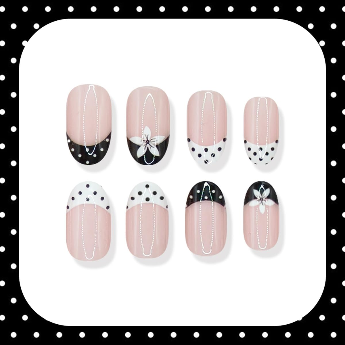 French Tip Press on Nails Short Oval Fake Nails Polka Dot Nails Press ons with Flower Design Artificial Acrylic Nails Reusable Full Cover Glue on Nails for Women Manicure 24Pcs