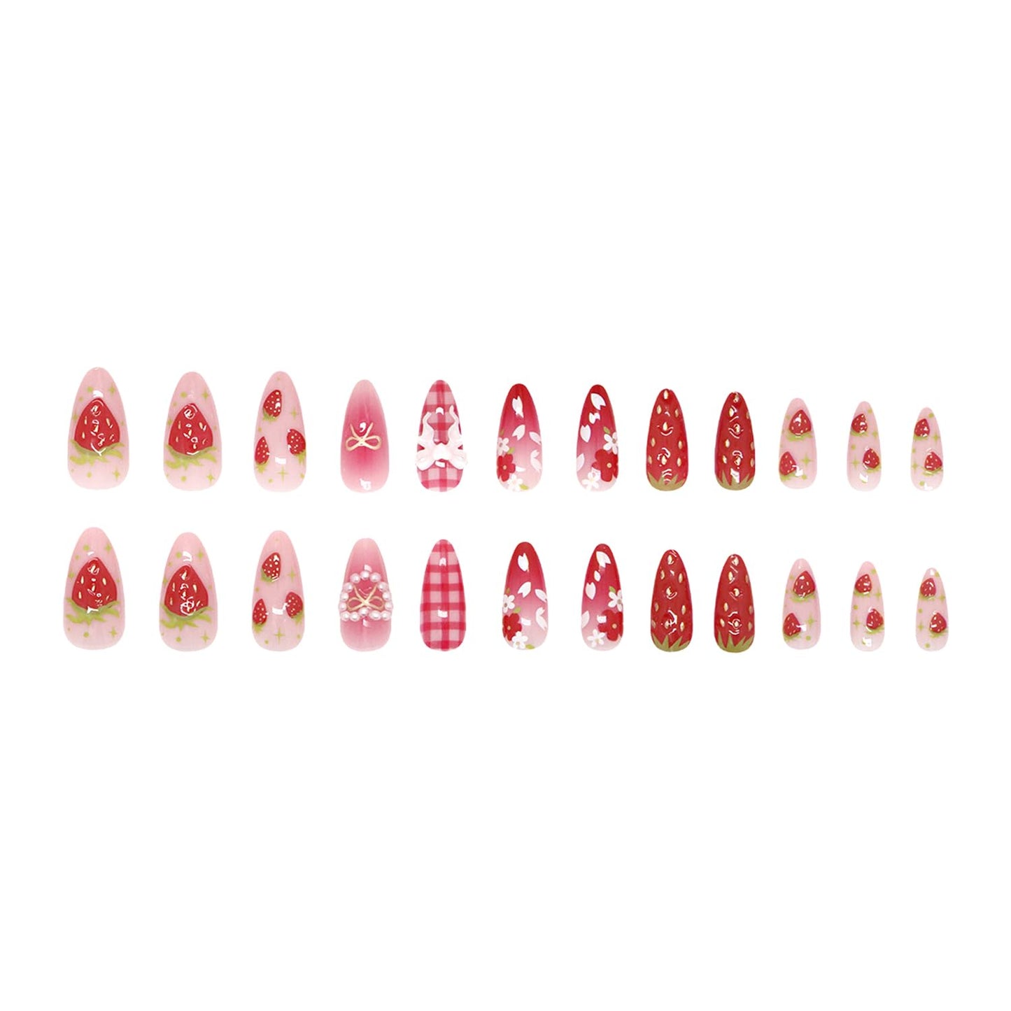24Pcs Strawberry Flower Press on Nails Medium Almond Fake Nails Cute Floral Strawberry False Nails 3D Heart Pearls Bow Charms Designs Pink Gradient Glossy Stick on Nails Acrylic Nail for Women