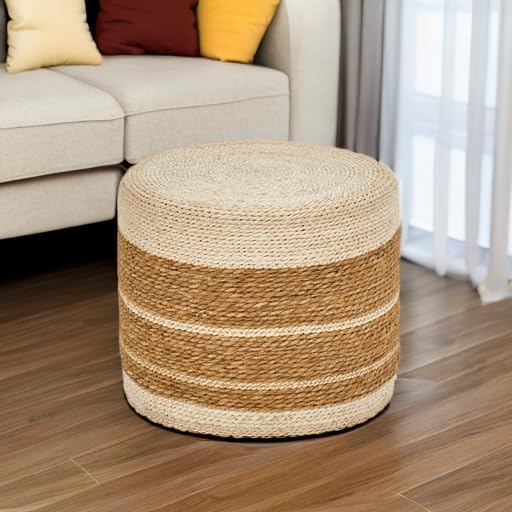 Wimarsbon 18'' Ottoman Pouf, Natural Braided Poof, Rustic Handweave Lounge Pouffe, Boho Footrest Stool for Bedroom, Accent Table or Seat for Living Room
