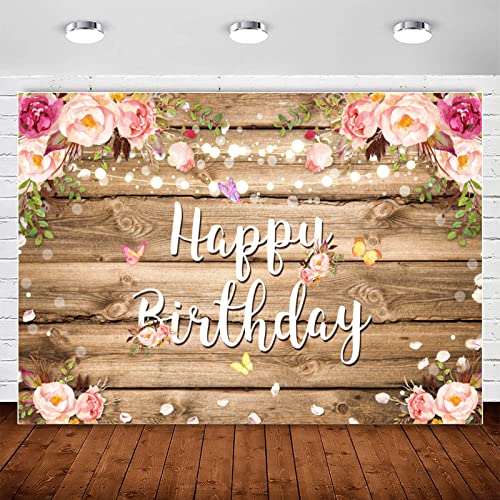Pink Floral Happy Birthday Backdrop for Women Rustic Wood Birthday Photography Background Watercolor Butterfly Flower Backdrops Adult Girl Sweet Bday Party Decoration Banner Photoshoot Supplies 10x7ft - size: 10x7ft