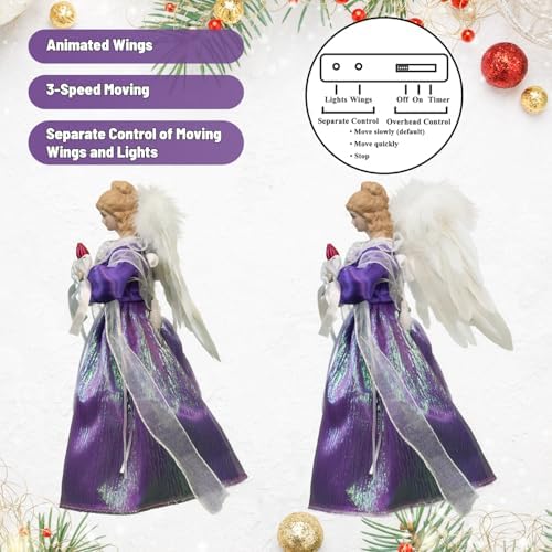 Moving Angel Tree Topper with Lights, 12’’ Purple, Separately Controlled Flapping Wings and Bright LEDs, 6 On / 18 Off Hours Cycle
