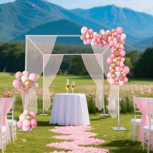 Wedding Arch Backdrop Stand, 9.84 x 9.84 Feet Adjustable Height 4 Post Hardware Kit, Portable Background Frame with Square Base for Outdoor Wedding, Birthday Party, Photo Booth Background (Silver)