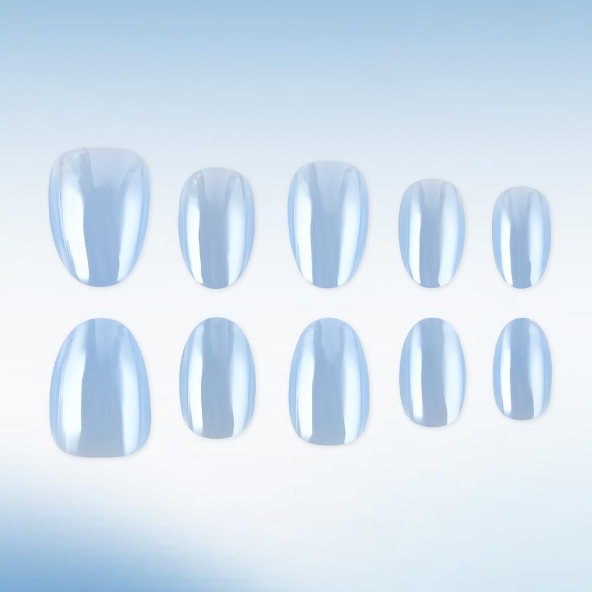 Blue Chrome Press on Nails Short Oval Fake Nails Spring Summer Nails Press ons with Glazed Design,Reusable & Easy Apply Full Cover Stick on Nails for Women Manicure 32Pcs