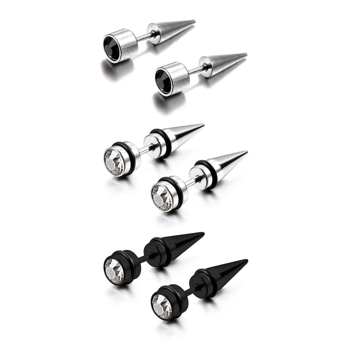 Aroncent 3Pairs Men's Stainless Steel Fake Illusion Tunnel Cheater Piercing Jewelry Stud Earrings Set