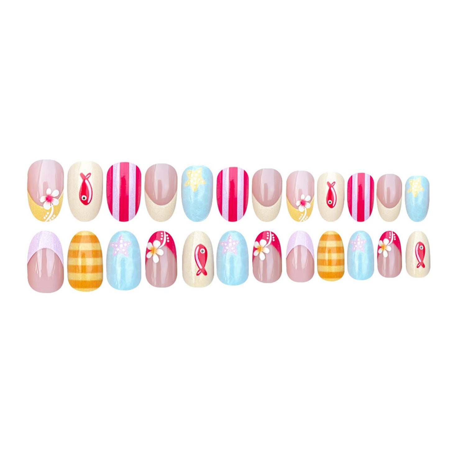 Flowers French Tip Press on Nails Medium Almond False Nails with Cute Little Fish Stripe Design Full Cover Glue on Nail Summer Reusable Acrylic Fake Nails Glossy Artificial Stick on Nail for Women