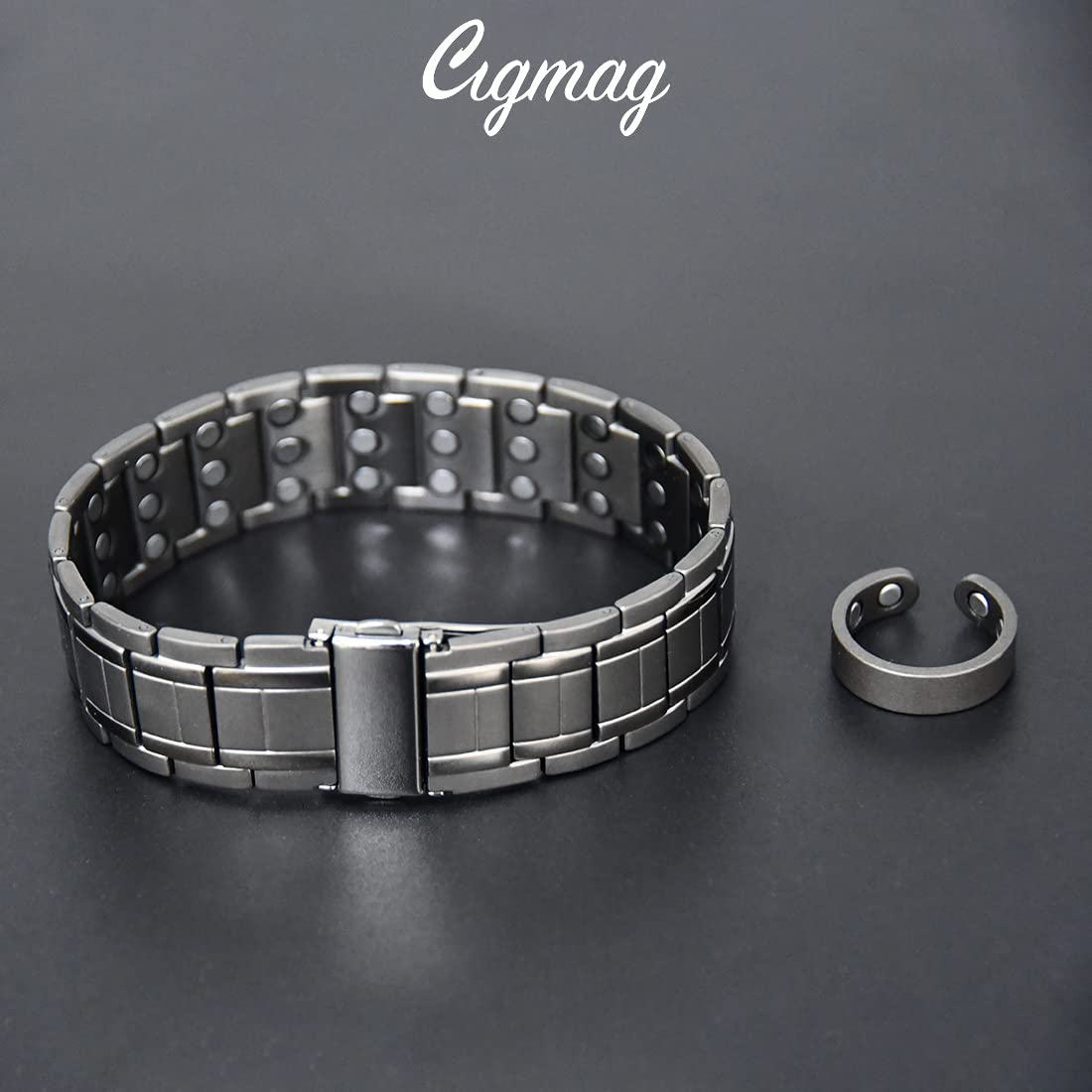 Cigmag 3X Magnetic Bracelets for Men Upgrade Folding Clasp Titanium Bracelet & Copper Ring Adjustable Set with Sizing Tools