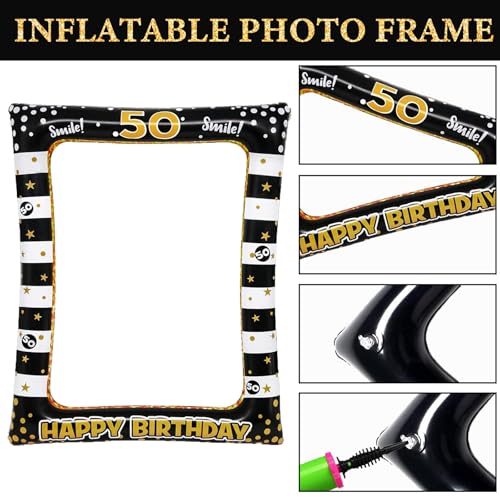50th Birthday Photo Booth Props, Black Gold Inflatable Photo Booth Frame, 30PCS Photo Booth Props, for Party Selfie Party Decorations and Gifts - size: 50th Birthday Inflatable Frame