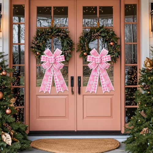 2 Pack Large Pink Christmas Bows for Wreath, 20 x 11 Inch Pre-Tied Wired Ribbon Bows, Candy Theme Tree Topper Bow for Front Door, Garland, Fireplace, Indoor Outdoor Holiday Decorations (Pink)