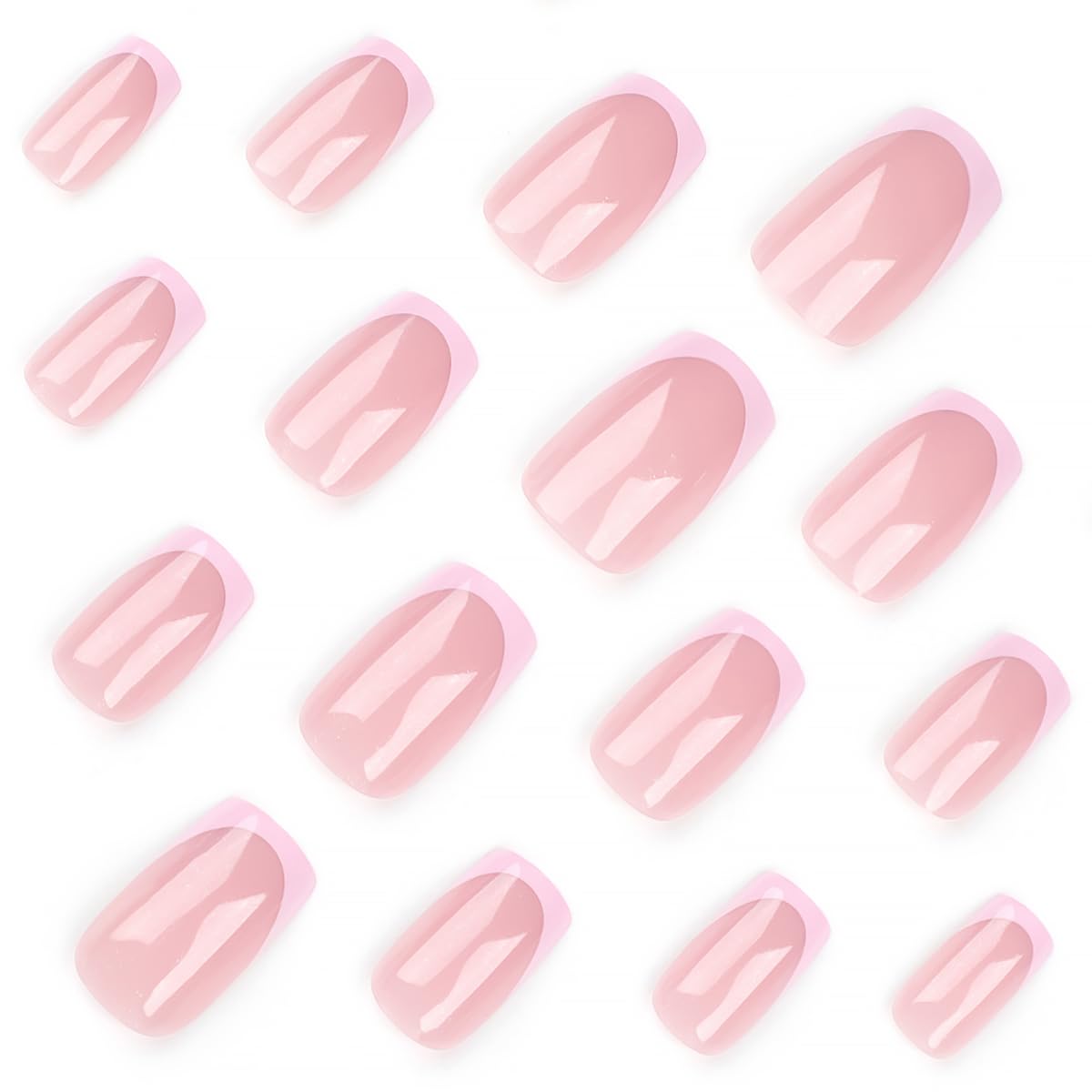 Pink Press On Nails Medium French Tip Fake Nails Nude Pink with Glossy Design Full Cover Artificial Glue on Nails White Glitter Stick on Nails Acrylic False Nails for Women Girls DIY Manicure 24Pcs