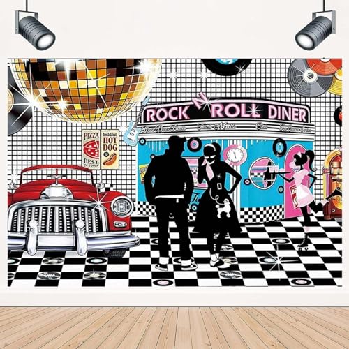Disco Retro Style Photo Backdrop - 50's Rock Roll Prom Dance Birthday Diner Party Decor - Classic Car Party Decoration Banner, 7x5FT
