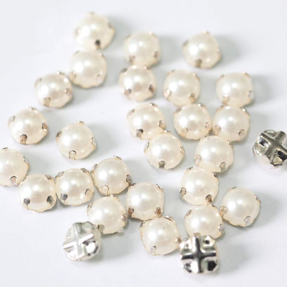 Sewing Pearl Beads Rhinestones Sew On Pearl Rhinestones with Silver Claw Flatback Half Round Pearl for Craft Garment (Silver Claw, 6mm)¡­