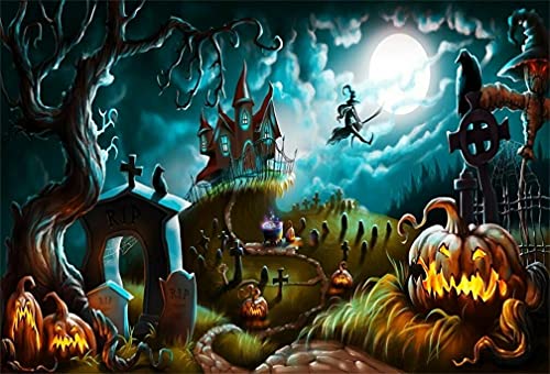 10x8ft Halloween Backdrop Pumpkins Lamp Photography Background Witch Wizard Sorcerer Theme Backdrop Castle Moon Scary Graveyard Halloween Celebration Decor Photo Studio Props - color: Black 00671