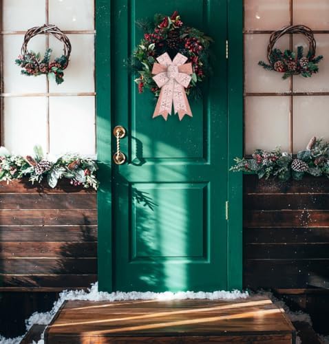 2PCS Christmas Bow for Wreath, Glitter Pink Snowflakes Wreath Bow for Christmas D??cor Winter Bow for Front Door Indoor Outdoor Wall Tree Topper Decoration Supplies Xmas Hanging Ornament