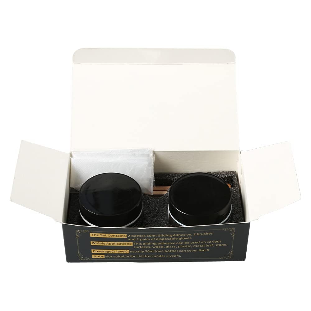 KINNO Epoxy Gilding Adhesive Glue Set, 50ml Gold Leaf Glue,50ml Gilding Varnish and 100 Sheets 5cm Gold Leaf,and 100 Sheets Silver Leaf