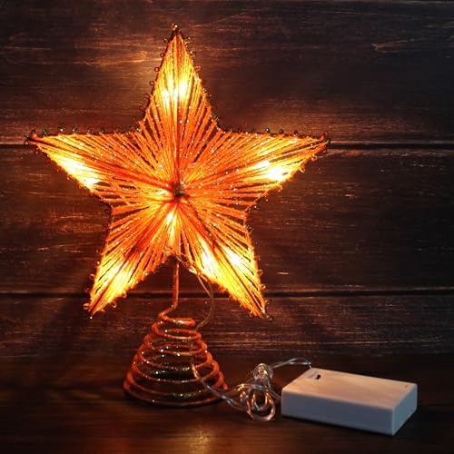 CVHOMEDECO. Orange Glittered 3D Tree Top Star with Warm White LED Lights and Timer for Christmas Tree Topper Decoration and Holiday Seasonal D??cor, 8 x 10 Inch