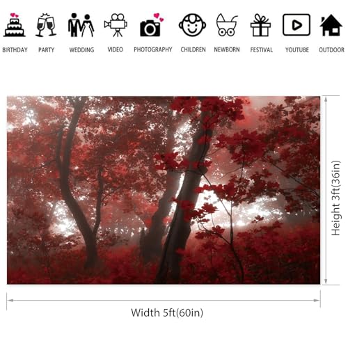 5x3ft Fall Maple Leaves Backdrop Autumn Scenery Misty Red Maple Forest Photography Background Natural Landscape Maple Trees Thanksgiving Party Kids Adults Travel Decor Banner Photo Props - size: 5x3ft