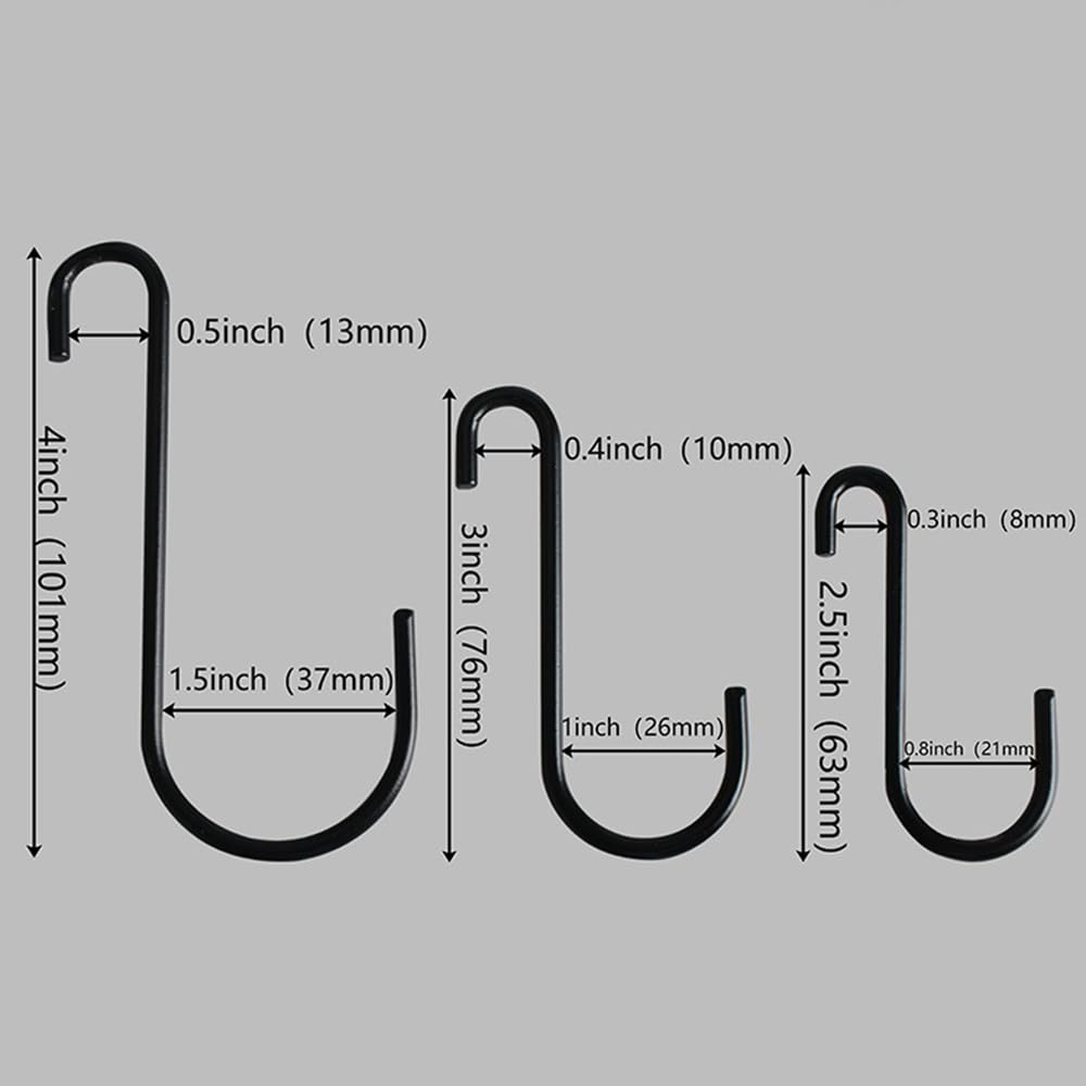 dophee 10Pcs 3" S Hooks for Hanging Plants, Black Heavy Duty Metal S Shaped Utility Hooks for Hanging Cups Jeans Clothes Bages Towels Purse Jewelry Pot Pans Baskets