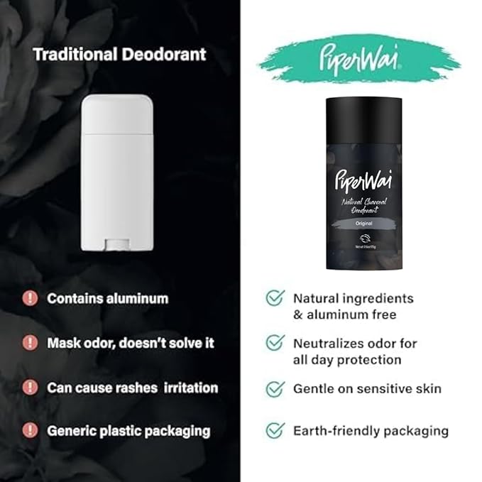 PiperWai Natural Deodorant w/Activated Charcoal | Odor Protection, Vegan, Aluminum Free, Shark Tank Product for Women & Men | Great for Travel, & Gifts | 75g Original Scented Stick 2-Pack