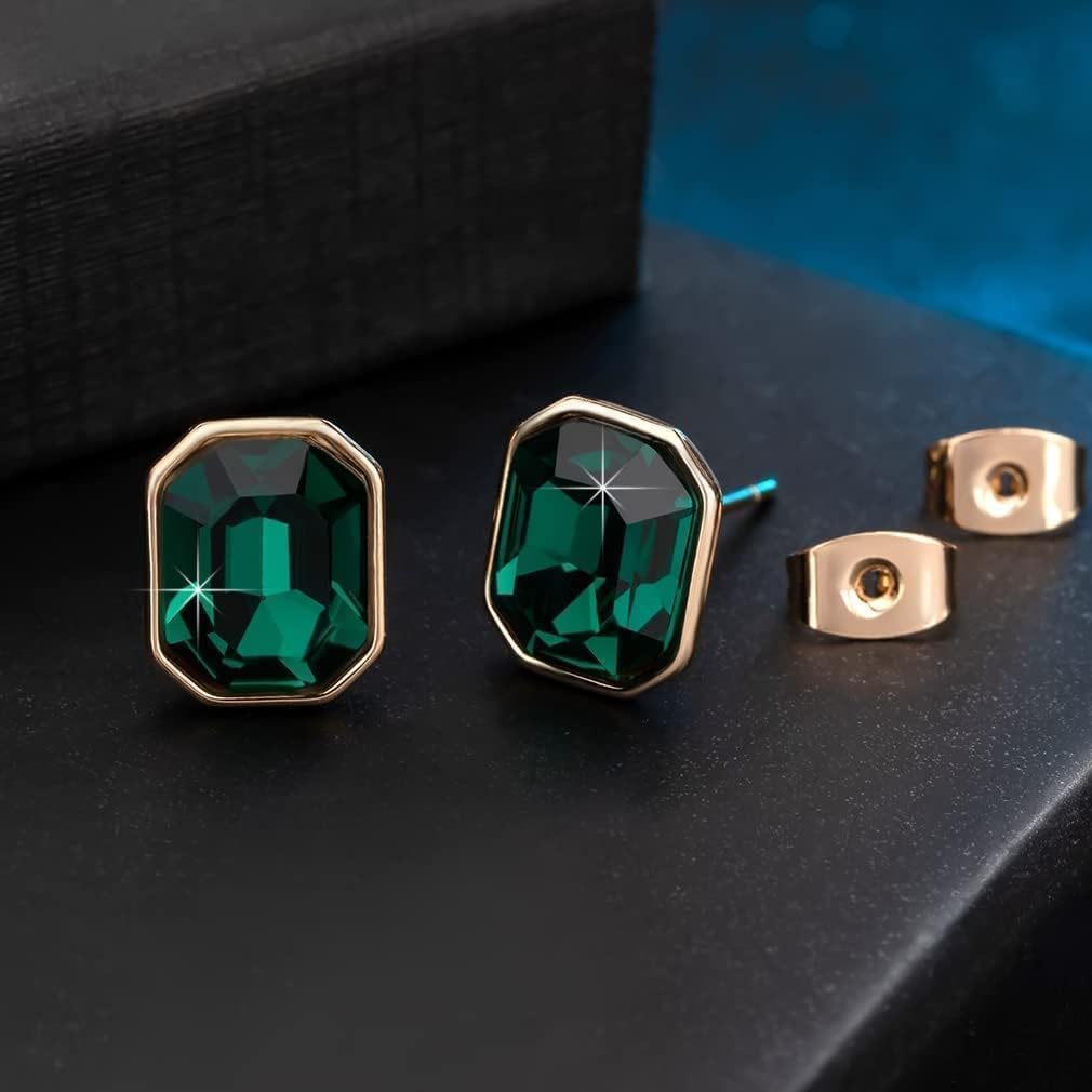 Austrian Crystal Octagon Stud Earrings for Women Fashion 925 Sterling Silver Post Hypoallergenic Jewelry (Emerald)