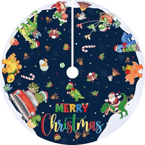 48" Christmas Tree Skirt Cute Dinosaurs Xmas Tree Skirt Santa Round Tree Mat Blue Christmas Tree Decor for Holiday Season Birthday Baby Shower Winter Xmas Party Supplies