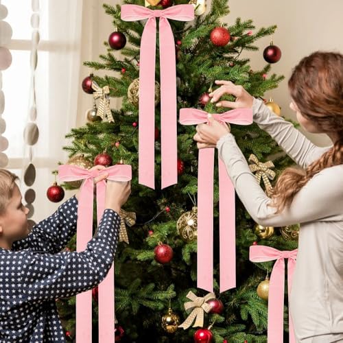 Velvet Bows for Christmas Tree Pack of 4 Large Rustic Crafts Gift Wreath Bow Ornaments for Xmas Topper Staircase Home Wedding Outdoor Interior Decor, 2" Width, 23 x 8.7 Inch (4, Pink)