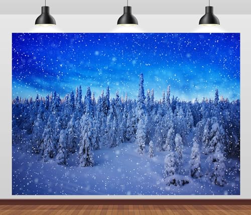 BELECO 10x10ft Fabric Winter Snow Forest Backdrop Snowy Pine Forest Snowflakes Blue Winter Wonderland Background Christmas Party Decorations Banner Photo Video Props - size: 10x10FT