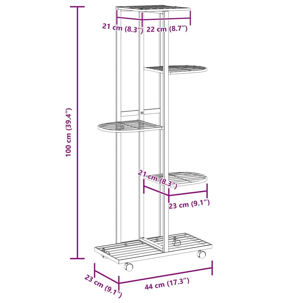 vidaXL 5-Floor Flower Stand with Wheels, Decorative Plant Shelf Stand, Multiple Flower Pot Holder, Storage Display Rack, Black Iron